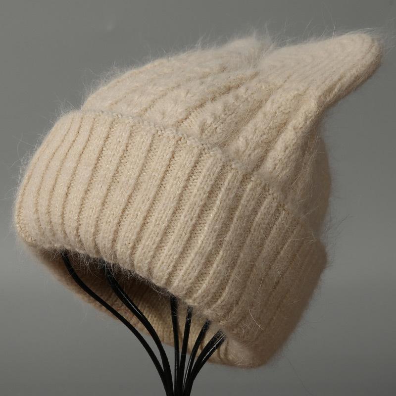 Angora rabbit fur hat autumn and winter knitted plush cat ear shape warm cute ladies casual hat