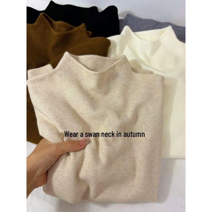 Autumn 2024 Women's Semi-High Neck Soft Sweater: Slim Fit Straight Shoulder Knit