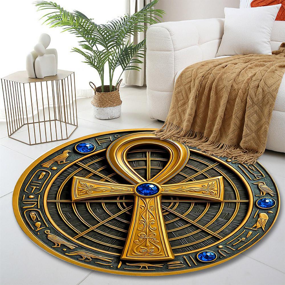 "Golden Ankh with Hieroglyphic Design" Print round rug, living room, bedroom, playroom carpet, non slip floor mat, gift