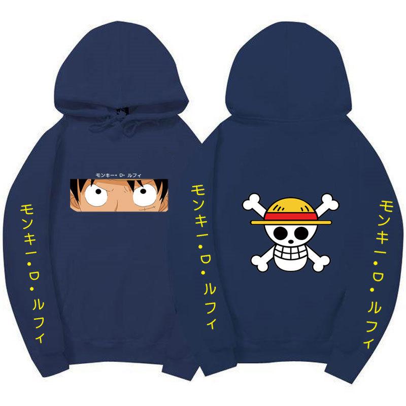 Unisex One Piece Monkey D Luffy Double‑Sided Print Fleece Hoodie, Both‑Sleeves Japanese Text Anime Pullover Hooded Sweatshirt Streetwear