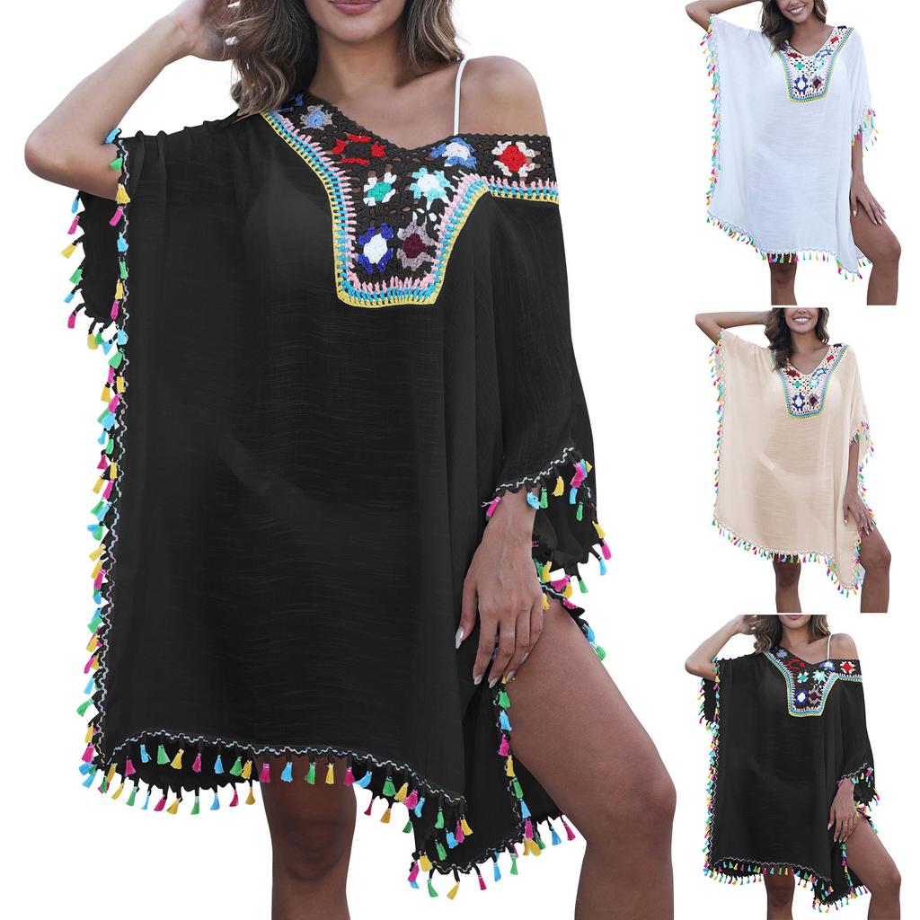 Женская солнцезащитная блузка с разрезом и v-образным вырезом, связанная крючком вручную в стиле пэчворк с цветочным принтом