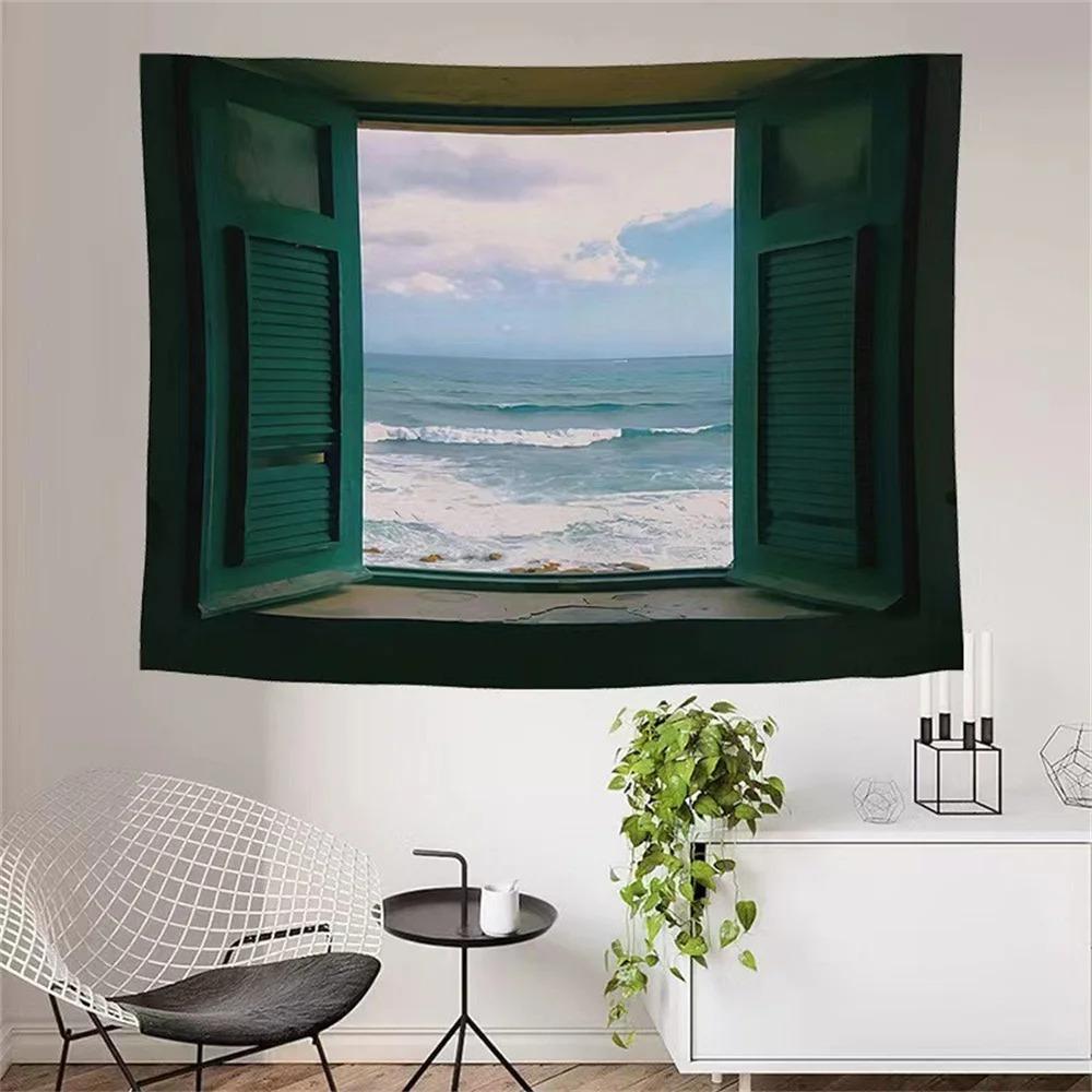 Fashion Home Decoration Tapestry Window Landscape Natural Ocean Pattern Bedroom Living Room Tapestry