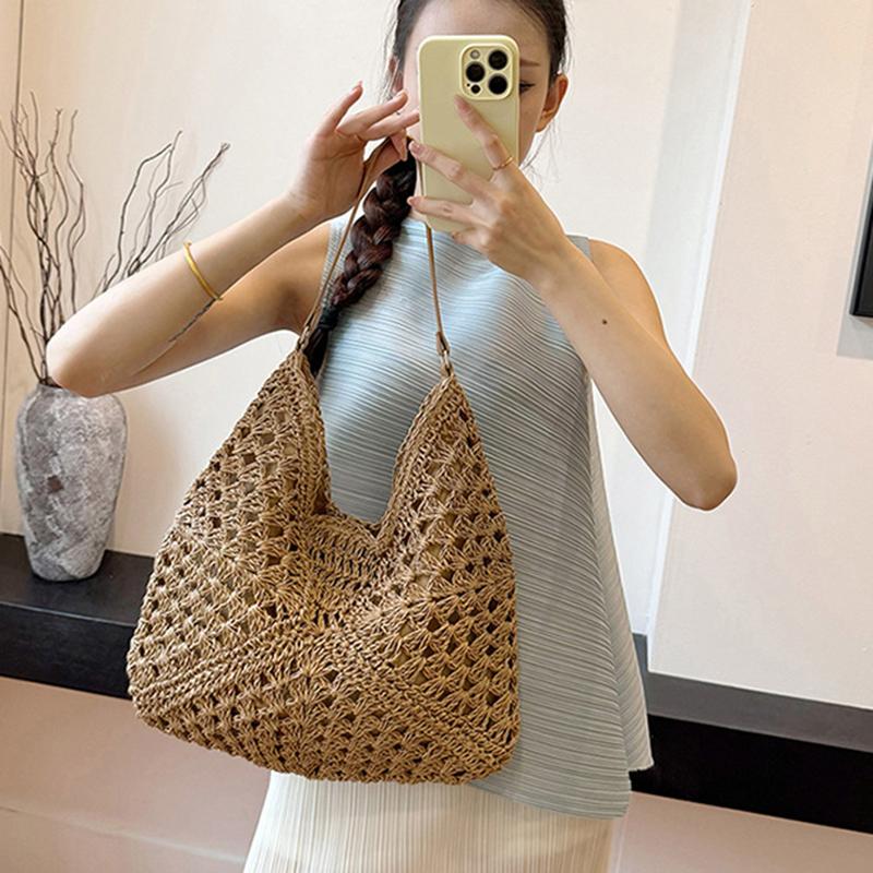 Летняя соломенная вязаная сумка, ажурная сумка-тоут, однотонная пляжная сумка через плечо, праздничная дорожная сумка, сумка через плечо в стиле бохо для женщин