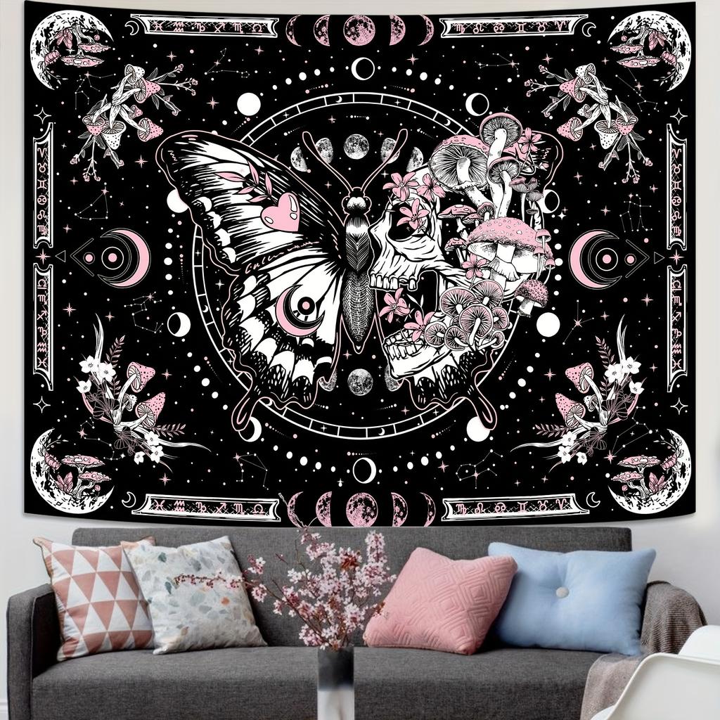 VIKAMA Gothic Butterfly Skull Tapestry Constellation And Mushroom Floral Motif Tapestry Bedroom Wall Decoration