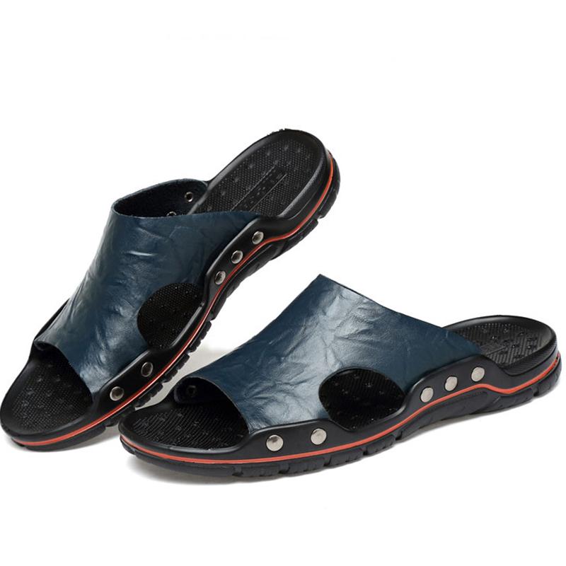 Летние мужские кожаные тапочки с массажной подошвой большого размера 38-48 Пляжные сандалии