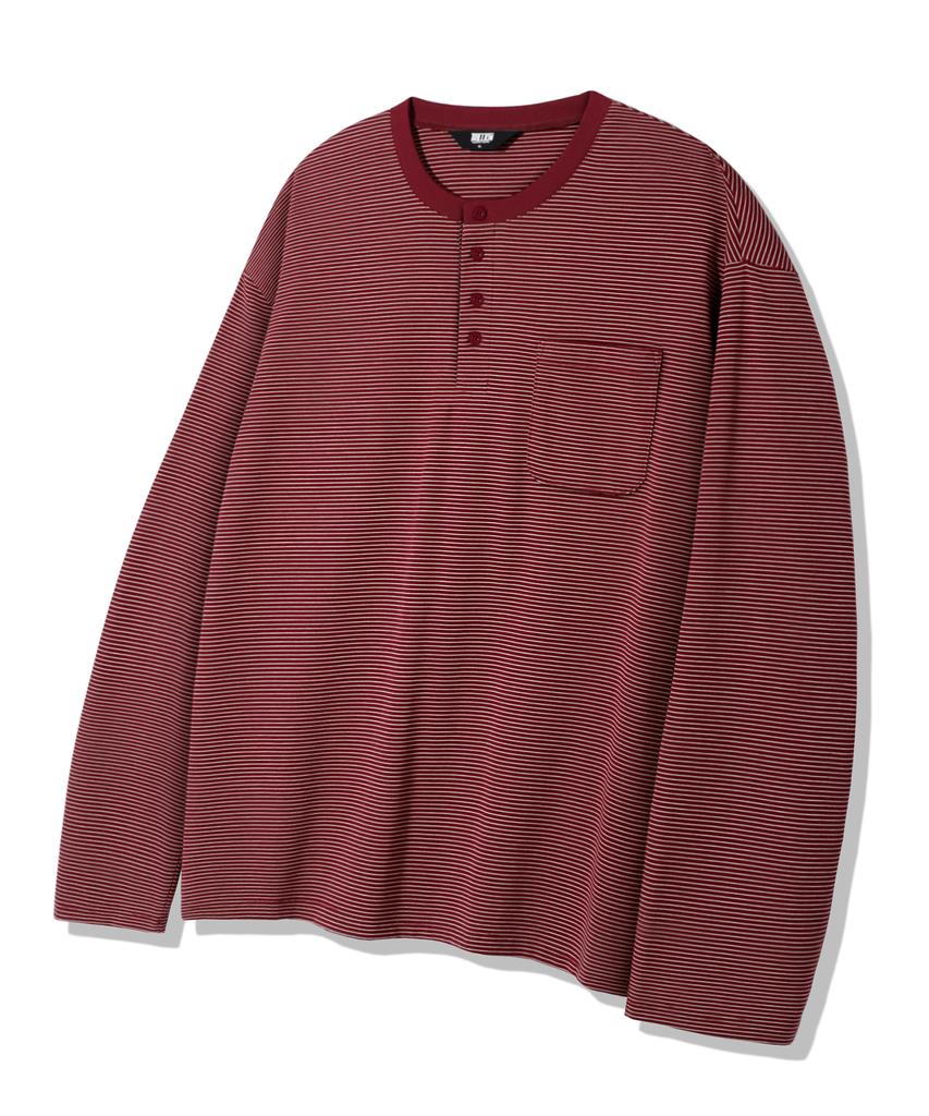 TRILLION Thin Stripe Pocket Henley Neck Long Sleeve_4Color