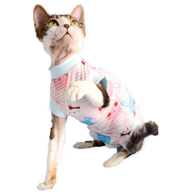 Жилет MOORSPET для кошек породы сфинкс, весна/лето - легкий хлопок, защита живота, дизайн с четырьмя лапами для лысых кошек