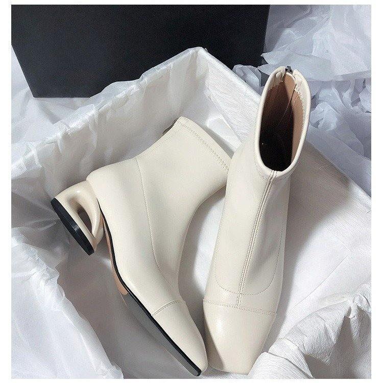 Fashion Square Toe Chunky Heel Back Zip Mid Heel Elegant Temperament Cut-out Special-shaped Heel Fashion Skinny Women's Boots