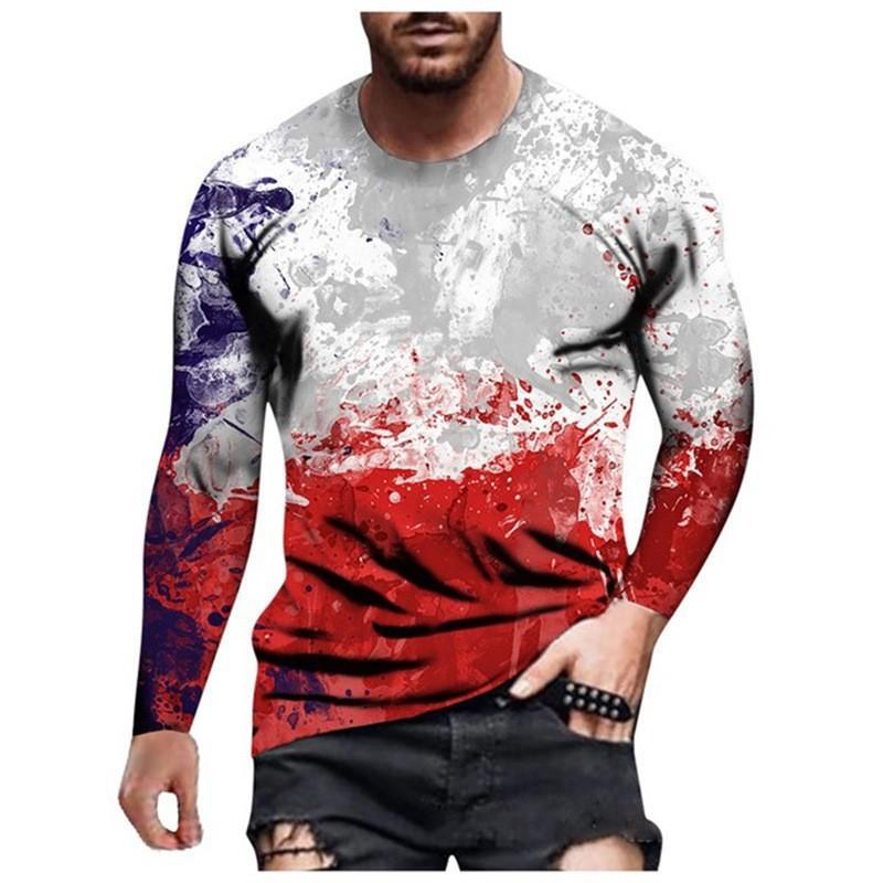 Round Neck 3D Graffiti Printed Top Casual Long Sleeved Men's T-shirts - Soft Medium Stretch Polyester Fabric Spring and Autumn Relaxed Fit Clothing