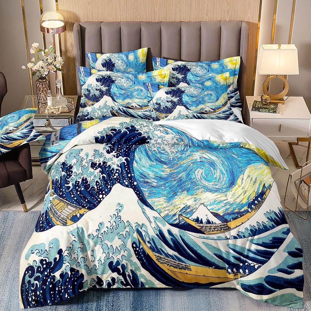 3D Three-Piece Ukiyo-E Painting Wave Flower Quilt Cover Digital Printing Bedding