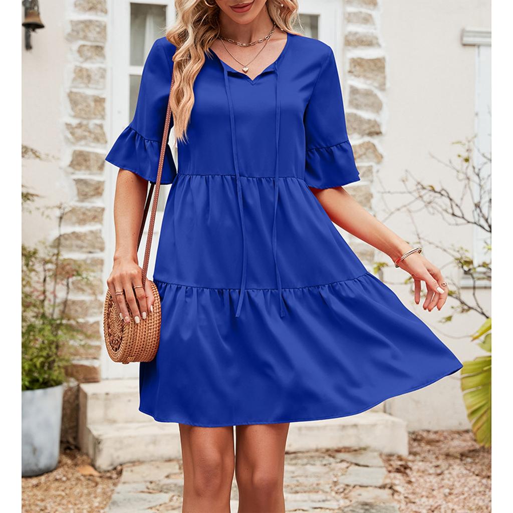 Women's Fashionable And Casual Flared Sleeve V-neck Solid Color Loose Dress