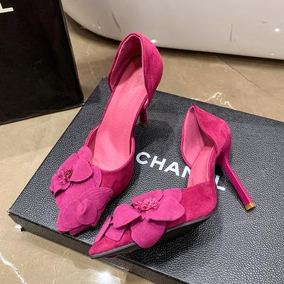 Мода Женская Мода Туфли на Тонком Каблуке Весна Новые Остроносые С Неглубоким Вырезом Замшевые С Цветами Слипоны Износостойкие Высокие Каблуки