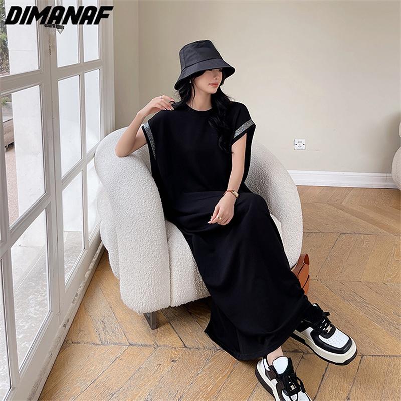 Dimanaf Женское платье больших размеров 2023, новое летнее однотонное платье, длинное платье-футболка, свободные модные базовые платья макси большого размера
