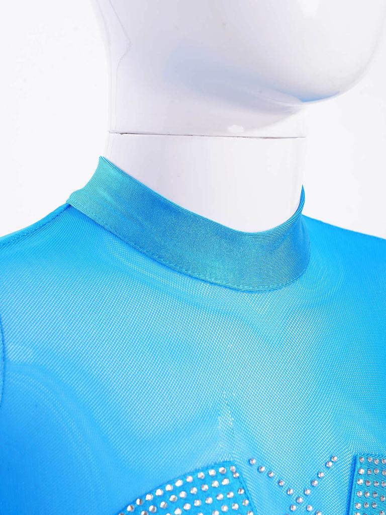 Детский купальник для катания на коньках для девочек, блестящий, с длинным рукавом, круглым вырезом, открытой спиной, со стразами и сеткой