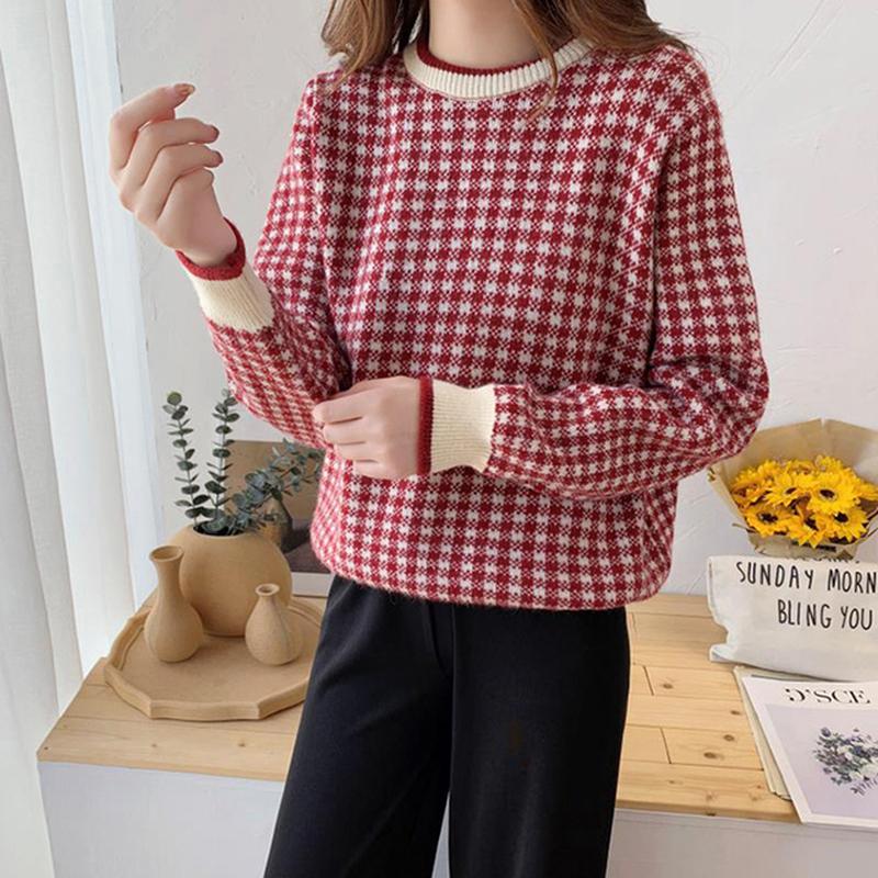 Classic O-Neck Plaid Knitted Sweater Women Loose Vintage Pullover Fall Winter New Long Sleeve Female Clothes