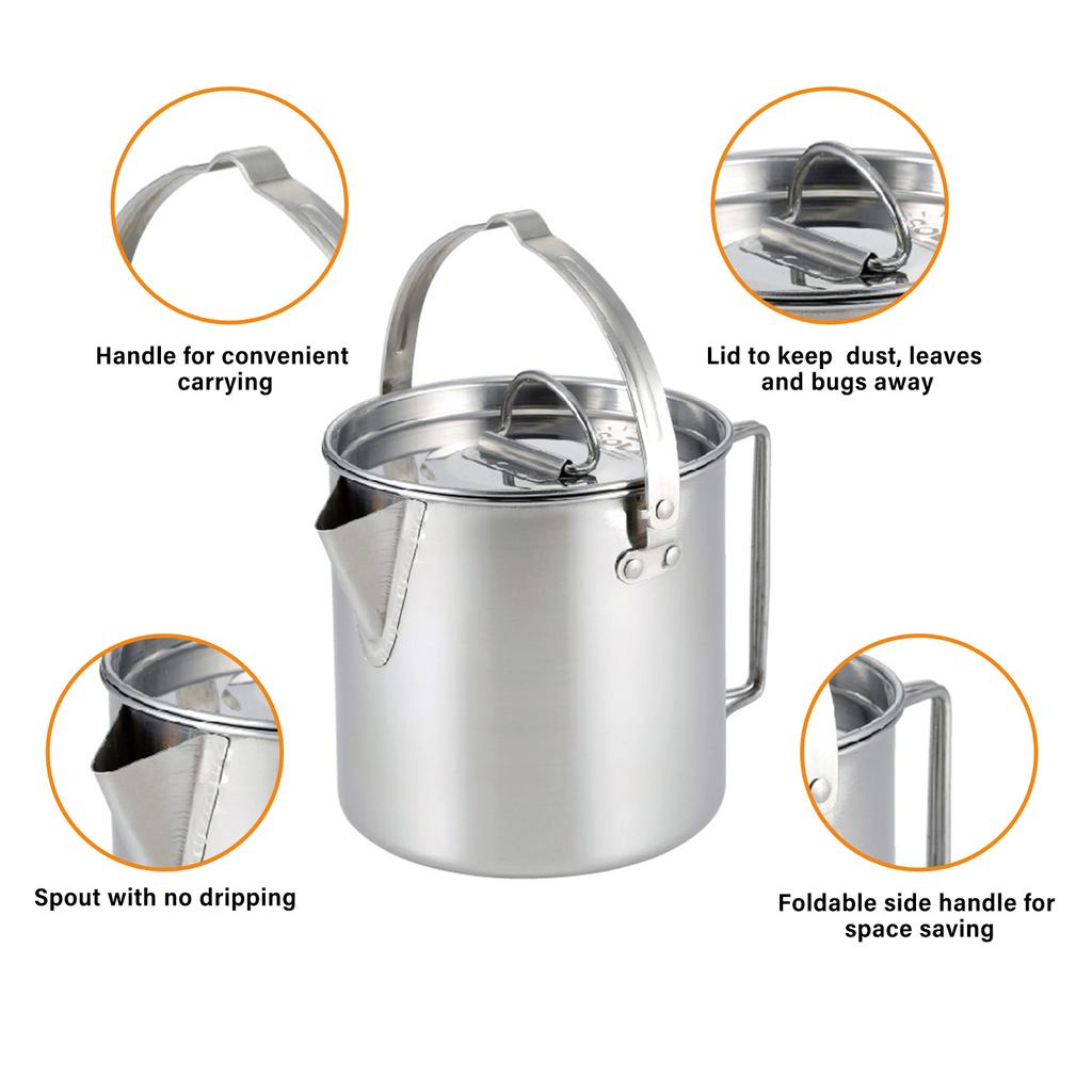Outdoors 1.2L Kettle Stainless Steel with Lid for Cooking Boiling Water Camping Picnic Hiking