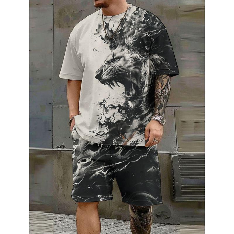 Повседневный мужской комплект с коротким рукавом, комплект из двух предметов с принтом величественного льва и круглым вырезом, шорты с коротким рукавом, модный мужской комплект из двух предметов