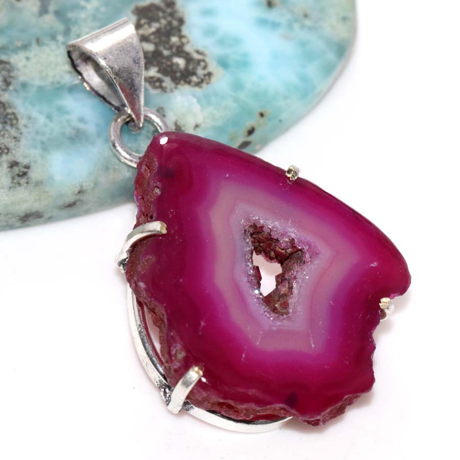 Pink Botswana Druzy Slice 925 Silver Plated Pendant 1.6" Most Beautiful i2O56