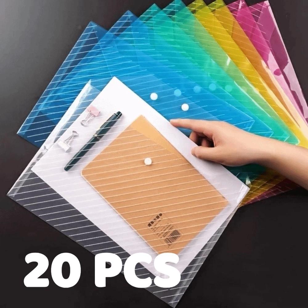 20 pcs Clear Plastic Snap Button File Folders Multi Color Exam Paper Storage Bag Student