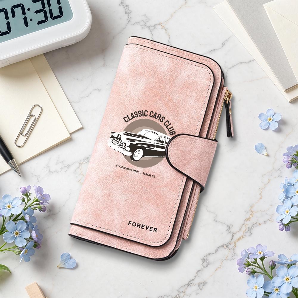 Vintage Car Printed Long Wallet Classic Design Multi Slot Portable Purse for Daily Use
