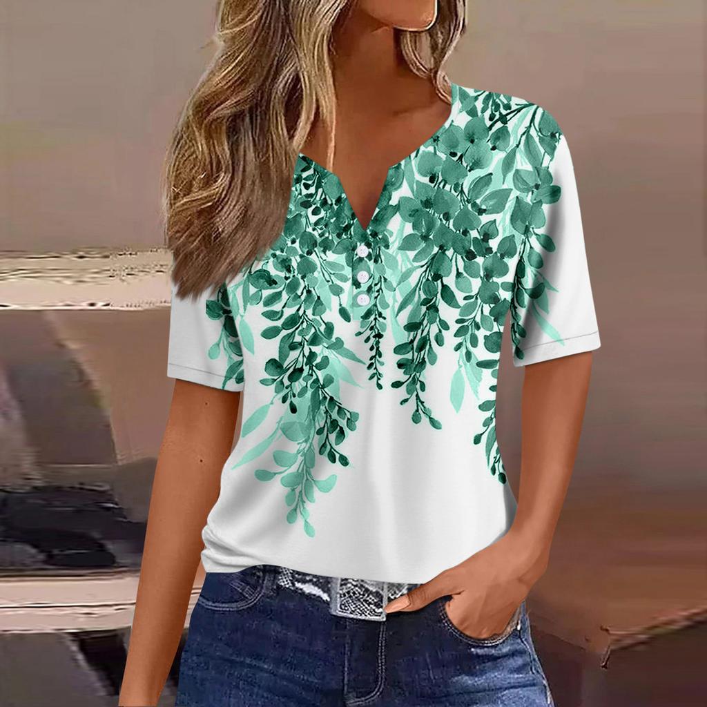 Женская модная повседневная винтажная футболка с v-образным вырезом и коротким рукавом с декоративными пуговицами, топ
