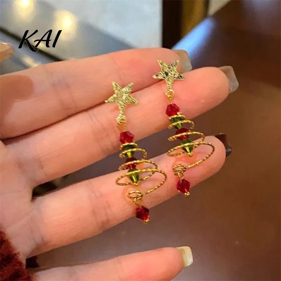 Durable Zinc Alloy Earrings 1 Pair Christmas Dangle for Women, Glitter Star Spiral Faux Tree Crystal Beads Shaped Earrings, Sparkly Festival