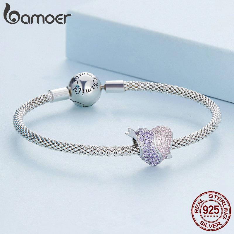 BAMOER Стерлинговое серебро 925 пробы со сверкающими фиолетовыми и розовыми цирконами Тай Чи и подвесками в форме сердца из бисера, ювелирные украшения