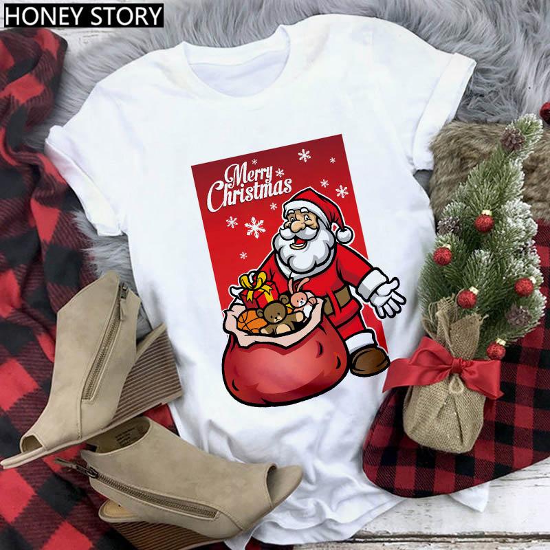 Kawaii Cartoon Merry Christmas Tree Graphics Women T-Shirts 90S Summer Short Sleeves Loose Round Neck Female Y2K Tops