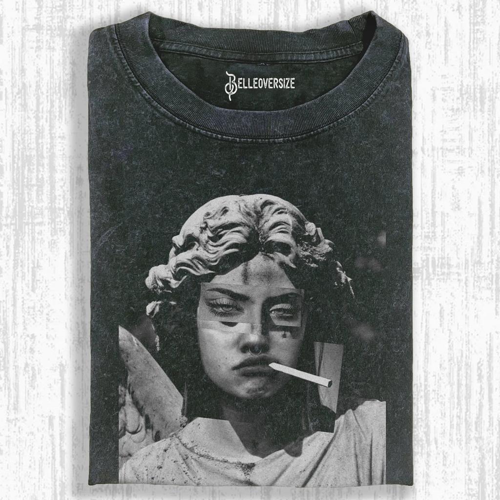 Vintage Dark Angel Statue Cigarette Collage Graphic Washed Oversize Street Tee