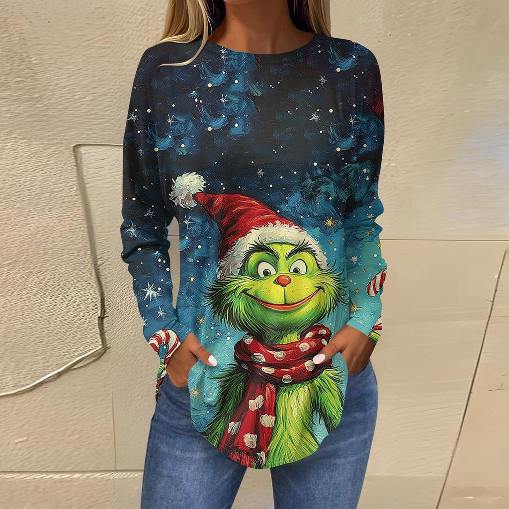 Женская свободная футболка с длинным рукавом с круглым вырезом и принтом, верхний пуловер