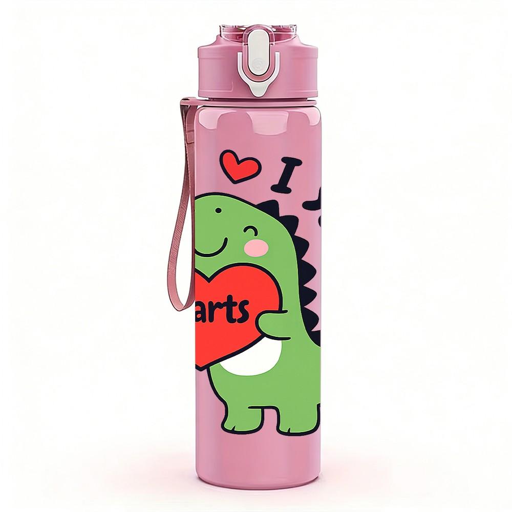 1PC Dino I Love Heart Text 750ml Color Plastic Sports Water Bottle Leakproof Flip Straw Lid Suitable for Sports Office Home Use