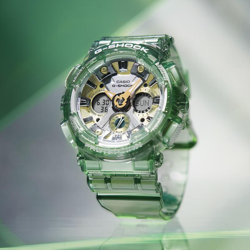 Casio Серия с двойным дисплеем LCD/Стрелочным Модные спортивные часы Двойной дисплей Водонепроницаемые Ледяной кристалл Зеленый Кварцевый механизм Ремешок из смолы GMA-S110GS-3APR