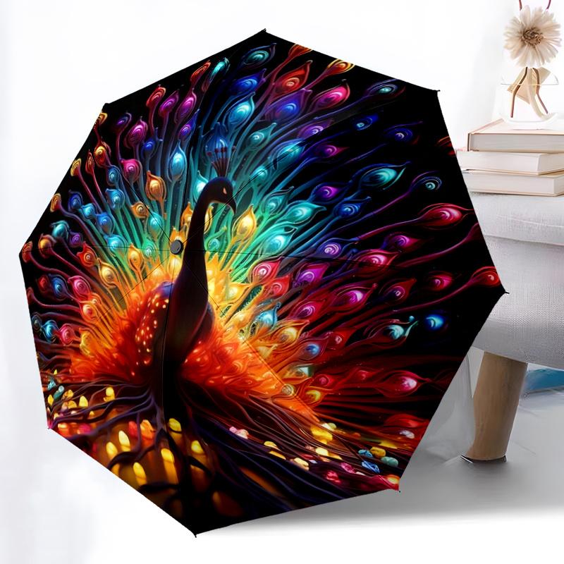 1pc Colorful Feathers Peacock Automatic, Cute Cartoon Pattern, Portable Outdoor Umbrella, Perfect, Holiday Gift for fans.C082