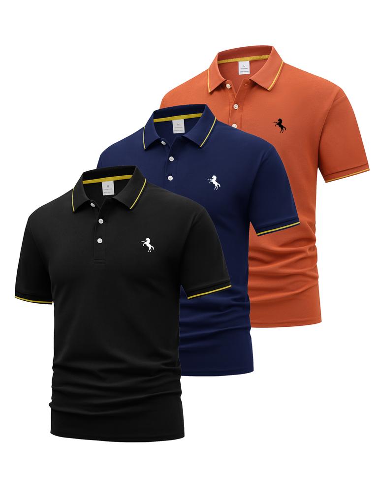 3 Pack Mens Piped Trim Short Sleeve Polo Shirt, Casual Coffee Tops, Classic Fit for Cafe Errands Outdoor Stroll Commute Leisure Wear