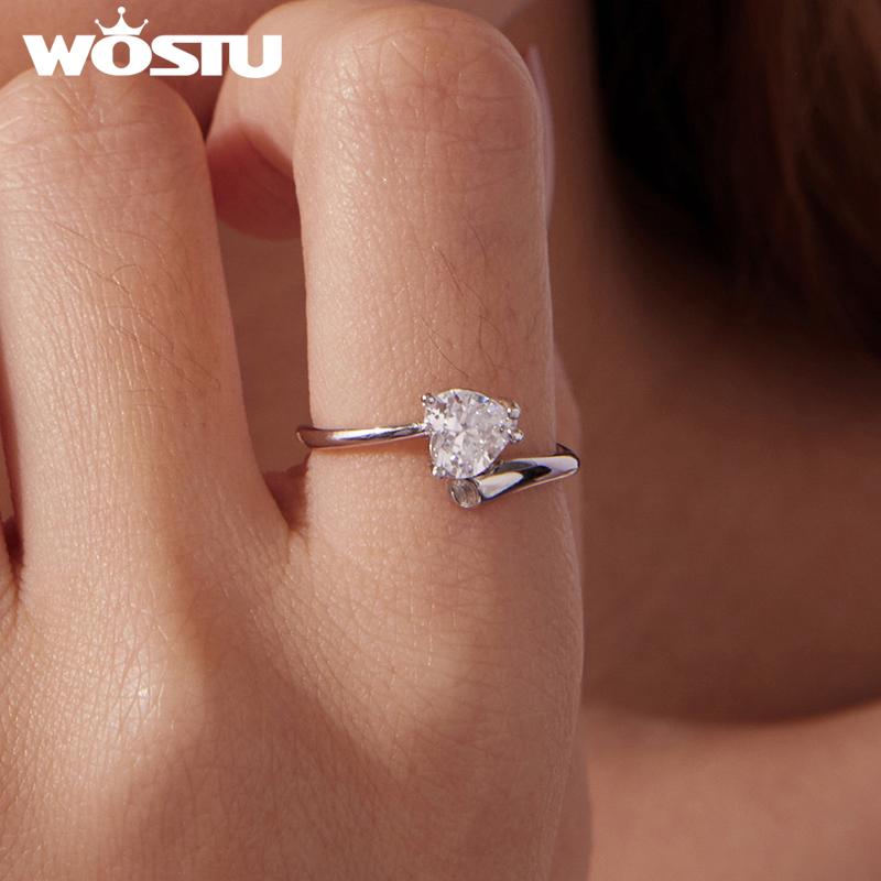 WOSTU Elegant Dainty S925 Sterling Silver Heart Ring For Women Minimalist Jewelry Heart Zircon Open Rings Perfect Gift for Her