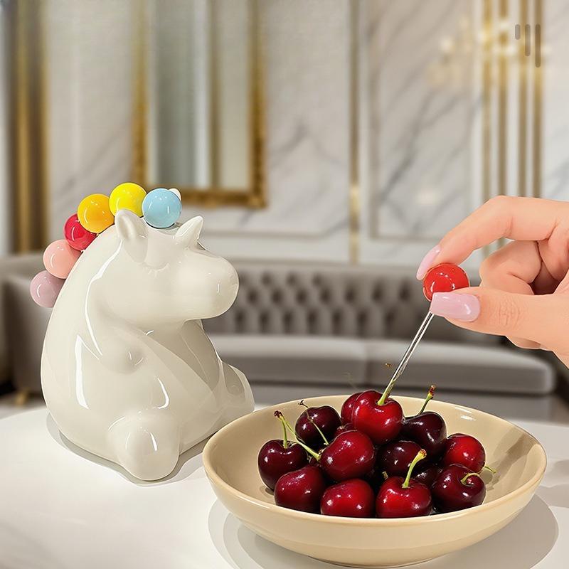 Dinosaur Unicorn Stainless Steel Fruit Fork for Home, Lightweight Luxury, High-end Feel, Child-Safe Ceramic Fork Storage Jar