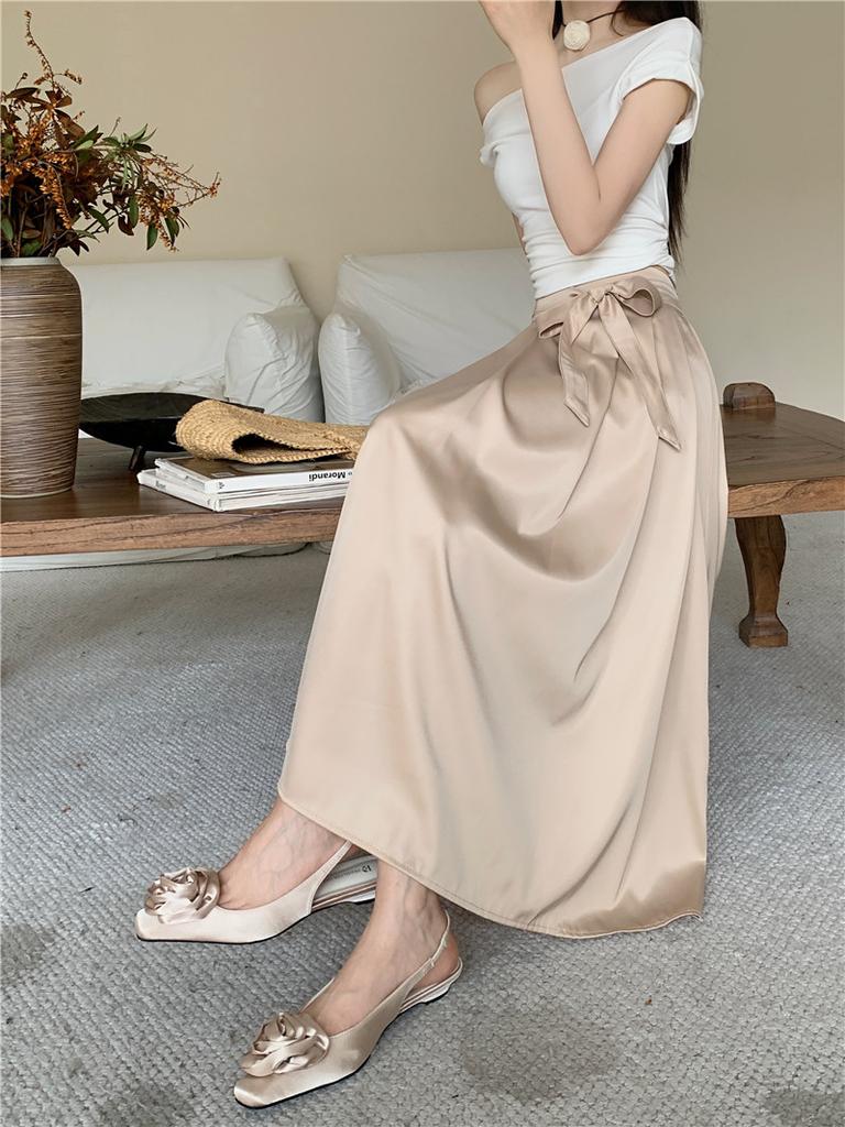 DX~~New Design Feeling Bow Tie Satin Pleated Skirt, Spring and Summer High Waisted Slim A-line Skirt