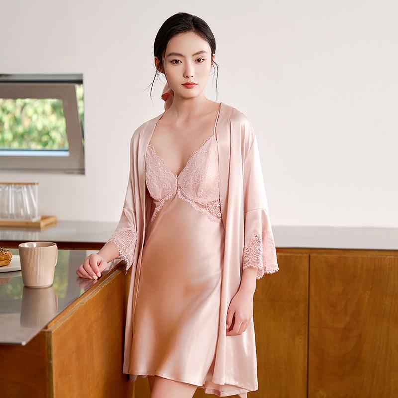100% Mulberry Silk Lace Three-Quarter Sleeve Nightgown