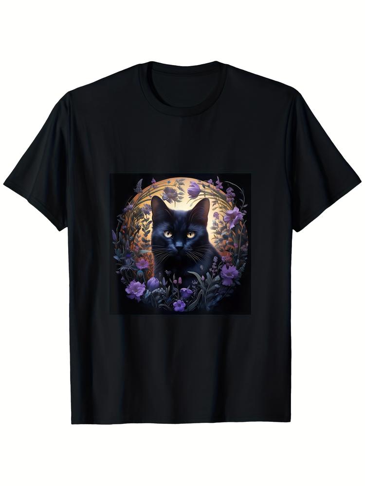Vintage Graphic 100 Cotton TShirt Black Cat With Moon And Flowers Autumn