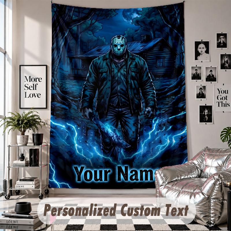 Custom Tapestry Wall Hanging, Friday the 13th Jason Voorhees Personalized Name Text Home Wall Decor