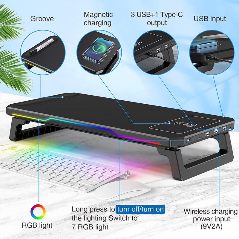 Подставка и док-станция для монитора с RGB LED: Складной настольный органайзер