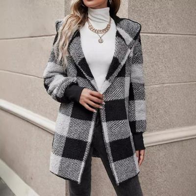 Женский свитер, пальто с открытым передом, капюшоном, длинным рукавом, клетчатый принт, вязаное пальто, свободный крой, трикотаж средней длины