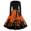 Women's Casual Vintage Halloween Print Dress Square Neck Long Sleeve Fit Flare Midi Dress with Waist Tie for Seasonal Occasion
