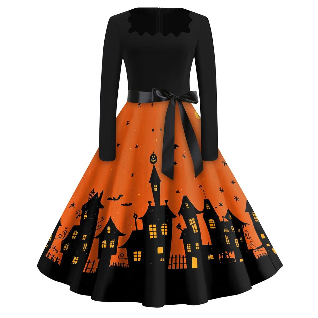 Women's Casual Vintage Halloween Print Dress Square Neck Long Sleeve Fit Flare Midi Dress with Waist Tie for Seasonal Occasion