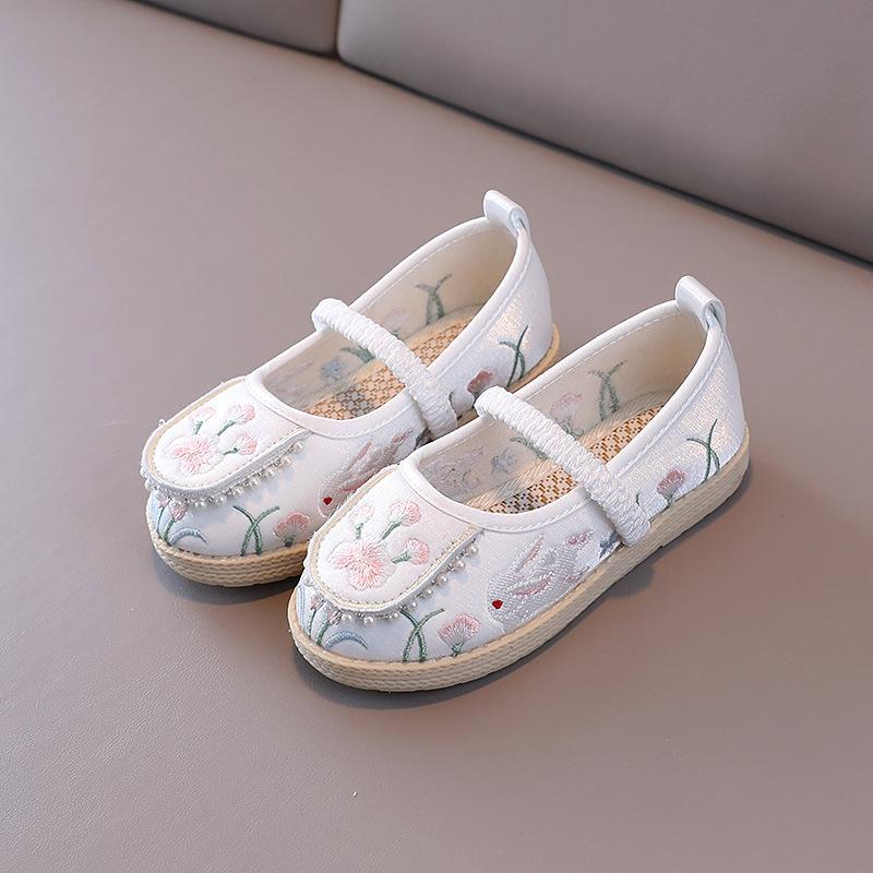 Детская традиционная обувь ханьфу в китайском стиле для девочек, вышитая цветочная обувь с кроликом, детская обувь для принцессы, танцевальная обувь на плоской подошве