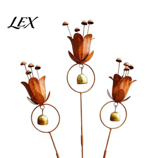 Weather Resistant Metal Art Flame Copper Lily Tulip Garden Stake with Wind Chime Bells, Rustic Weatherproof Outdoor Chimes Yard Decor for Lawn