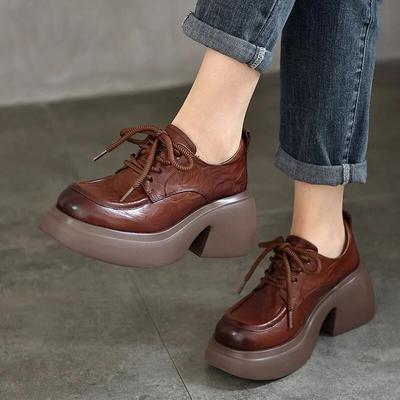 Туфли-лодочки из натуральной кожи на высоком каблуке, женские водонепроницаемые туфли на танкетке на толстом каблуке и платформе со шнуровкой