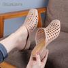 Comemore 2025 Mules Shoes Women's Summer Slippers Beach Soft Women Sandals Hollow Out Mid Heels Slides Footwear Flip-flops Beige