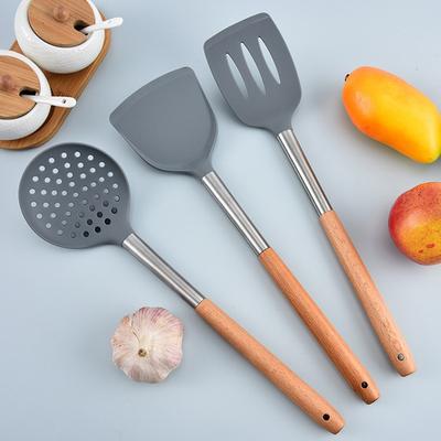 Силиконовая кухонная утварь, деревянная ручка, кастрюля с антипригарным покрытием, кухонные принадлежности, набор для готовки, термостойкая суповая ложка, дуршлаг, лопатка для пасты