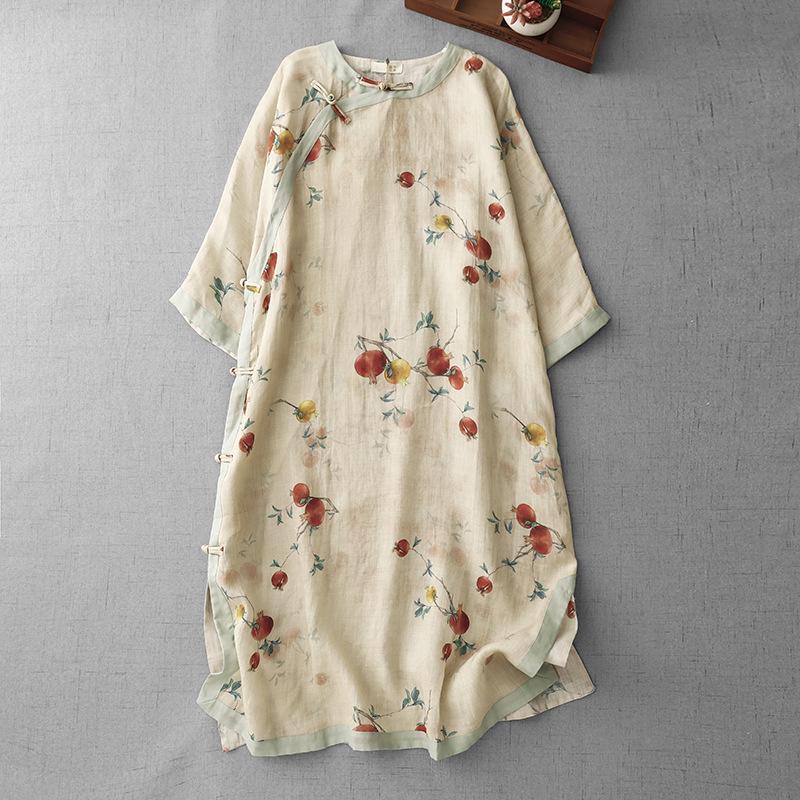 Blue Pomegranate Print Cotton Linen Tea Dress with Frog Buttons